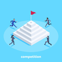isometric vector image on a blue background, men and women in business suits compete in who first runs up to the top of the pyramid and takes the championship flag