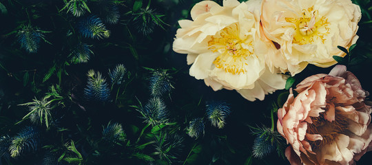 Vintager Blumenstrauß aus Pfingstrosen auf Schwarz. Floristische Dekoration. Blumenhintergrund. Bild im barocken Stil der alten Mode. Natürliche Blumenmustertapete oder Grußkarte © Rymden