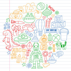 Kindergarten preschool school children. Kids drawing style vector pattern. Play grow learn together.