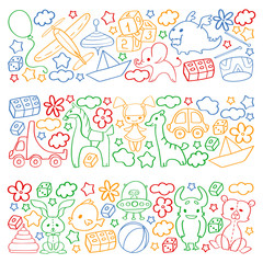 Vector pattern with children toys. Kindergarten elements in doodle style for little kids. Education, play, grow