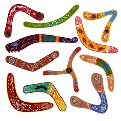 Australian boomerang vector illustration traditional wood symbol in Australia flat style set isolated on white - obrazy, fototapety, plakaty