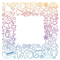 Naklejka premium Vector pattern with children toys. Kindergarten elements in doodle style for little kids. Education, play, grow