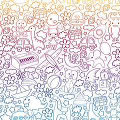 Vector pattern with children toys. Kindergarten elements in doodle style for little kids. Education, play, grow