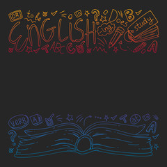 English courses. Doodle vector concept illustration of learning english language.