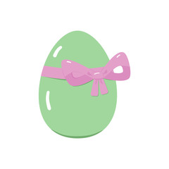 Vector illustration. Green Easter egg with a pink bow. For greeting cards, festive decoration. In a simple, childish style.