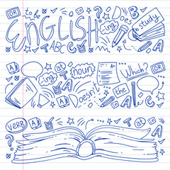 Obraz premium English courses. Doodle vector concept illustration of learning english language.