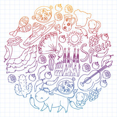 Spain vector pattern. Spanish traditional symbols and objects.