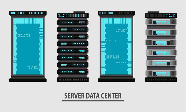 Set of various cartoon server racks, server rack room collection of lelements for design flat vector illustration