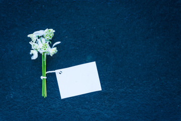 Neat flowers arrange on dark stone with blank label