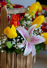 Bouquet with flower blossom. Floral background. Shallow depth photo. Soft toned colors.