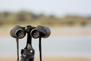 Bird watching with binoculars on tripod, spending time in nature birdwatching at the river with birding equipment, optics