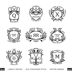 Set of linear vintage heraldry designs. Bundle of nine monograms template. Vector labels