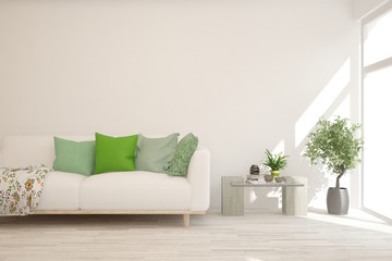 Stylish room in white color with sofa. Scandinavian interior design. 3D illustration