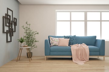Stylish room in white color with sofa. Scandinavian interior design. 3D illustration