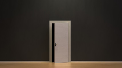 3d render the modern white wooden door open slightly in the black wall.