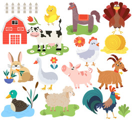 Farm animals cartoon characters, isolated icons vector illustration. Cute domestic animals cow, pig, horse, rooster and sheep. Funny farmstead chicken, rabbit, goat, goose and turkey in childish style