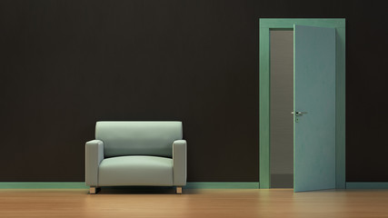 3d render the modern green wooden door open slightly in the black wall and green chair beside.