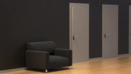 3d render the modern white wooden two doors open slightly in the black wall and the black chair beside.