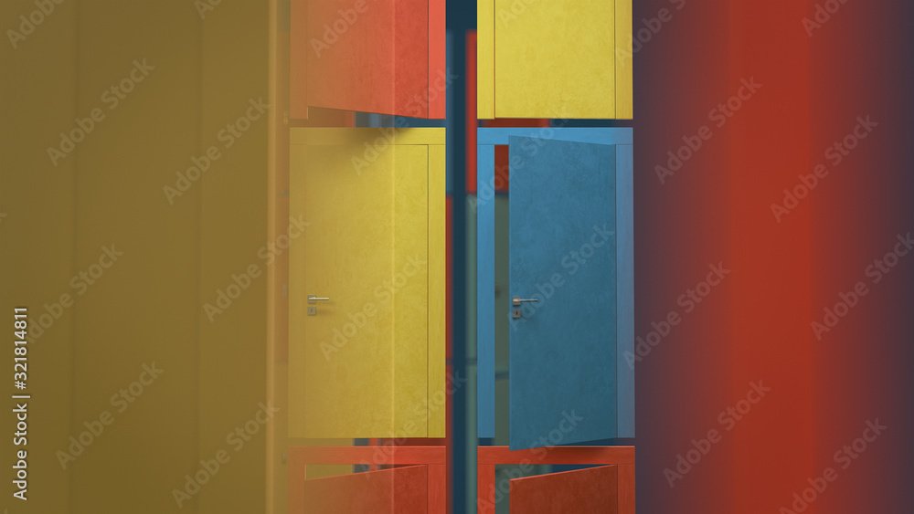 Poster 3d render the modern colorful wooden doors open slightly in the white space with depth of field.