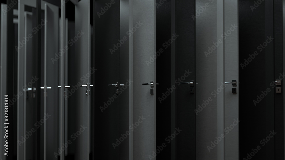 Poster 3d render the pattern of modern black and white wooden doors open slightly with a depth of field.