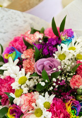 Bouquet with flower blossom. Floral background. Shallow depth photo. Soft toned colors.