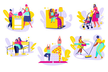 Mother spending time with daughter, hand draw vector illustration. Happy mom cooking, cleaning and reading together with daughter, walking in park and doing yoga. Family mother cartoon character.