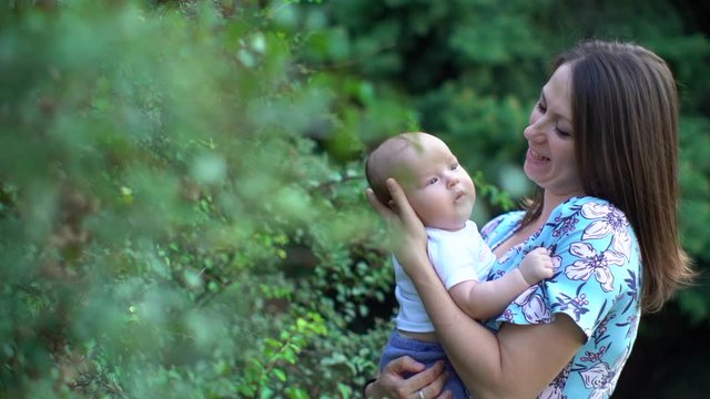 Brunette woman with a baby boy in her arms. Mother hugs and kisses the baby. In the background and foreground are green bushes.  Slow motion