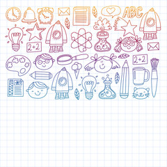 Vector pattern with back to school icons for posters, banners, covers. Kids, children education.