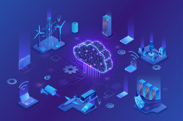 Internet of things cloud infographic, neon blue isometric 3d illustration with smart technology icons, computer network, night glowing background - 321815683