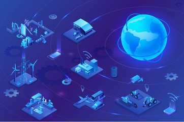 Industrial internet of things  infographic illustration, blue neon concept with factory, electric power station, globe 3d isometric icon, smart transport system, mining machines, data protection