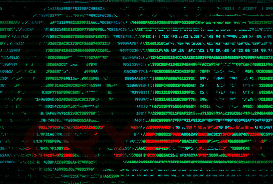 Cryptocurrency block chain technology concept poster. Overlay of closeup hundred dollar banknote and computer code with lettering CRYPTO