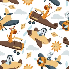 Wallpaper murals Animals in transport seamless pattern with aviator animals and sun - vector illustration, eps