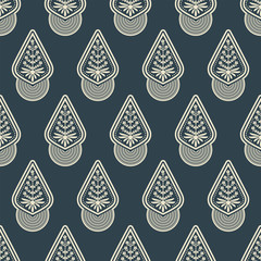 seamless vector pattern with white isolated rombic figures and floral decoration on dark blue background - 321816621