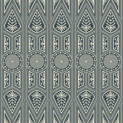 seamless vector pattern with white geometric triangle design and floral decoration on  dark blue background - 321816653