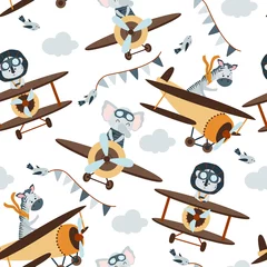 Wallpaper murals Animals in transport seamless pattern with aviator animals in the sky - vector illustration, eps