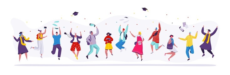 Obraz na płótnie Canvas Happy people jumping graduation students, cartoon characters vector illustration. Set of isolated figures of jumping men and women, college students celebrating graduation party. Modern flat style