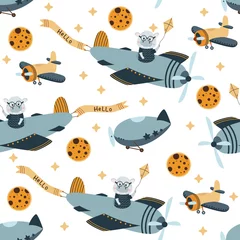 Stickers pour porte Animaux en transport modèle sans couture avec pilote hippopotame dans le ciel - illustration vectorielle, eps