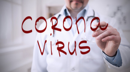Doctor writing Coronavirus on glass board, panorama