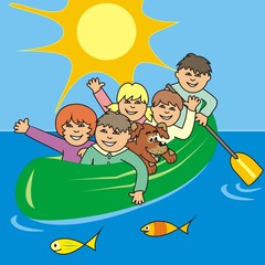 Children at canoe, at background sky with sun, vector illustration