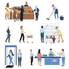 People shopping in supermarket, grocery store hand draw vector illustration. Cartoon characters buying food in shop, supermarket customers line checkout counter, grocery store employees basket trolley