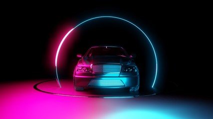 Fototapeta na wymiar Car with neon light circle frames