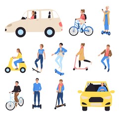 People riding ecological transport, isolated hand draw vector illustration. Cartoon character driving electric car, bicycle, scooter, taxi and skate, skateboard. Modern transport for active people