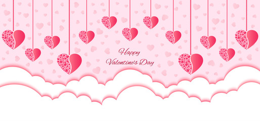 Happy Valentine's Day banner, poster,  greeting card, invitation card, postcard with pink hearts hanging over white clouds and text on isolated background