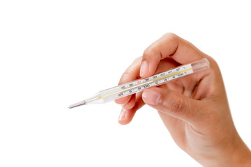 Female hand holding thermometer showing High Fever on white background.