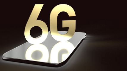 3d rendering 6g text gold surface glow on smartphone  in dark image for mobile technology content.
