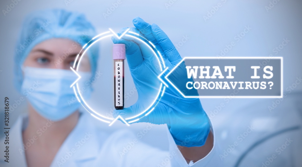 Poster scientist in protective uniform researching virus sample in lab