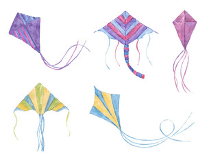 Set of watercolor kites isolated on white background