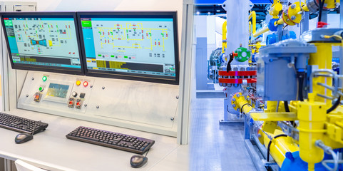 Control panel of an industrial enterprise. The monitors provide information about the operation of...