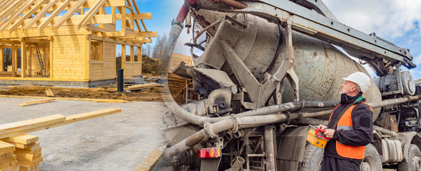 Panorama of the construction site. The foundation for the house. The frame of the cottage. Construction of the Cottage. Panorama of building a house. © Grispb