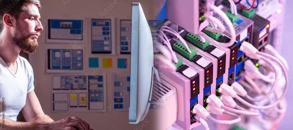 Aufkleber engineer in the development of computer networks. a man in a white t-shirt in front of a computer an